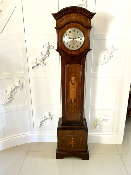 Unusual Antique Edwardian Quality Mahogany Marquetry Inlaid Grandmother Clock