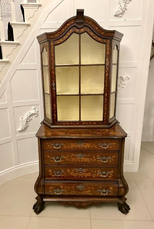 Antique 18th Century Quality Dutch Marquetry Walnut Display Cabinet on Chest