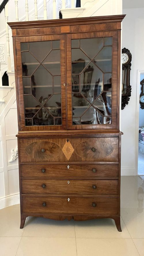 Superb Quality Antique 18th Century George III Mahogany Inlaid Secretaire Glazed Bookcase