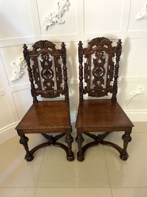 Superb Quality Pair of Antique Victorian Carved Oak Hall Chairs