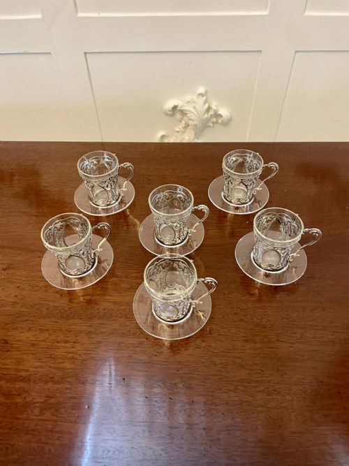 Fine Quality Set of 6 Antique Edwardian Solid Silver and Glass Coffee Cups