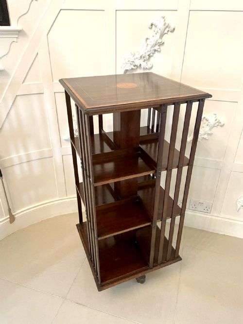 Large Antique Edwardian Inlaid Mahogany Revolving Bookcase