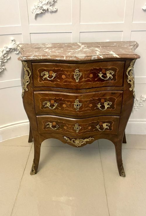 Antique Victorian French Quality Kingwood Inlaid Marquetry Marble Top Commode/Chest of Drawers 