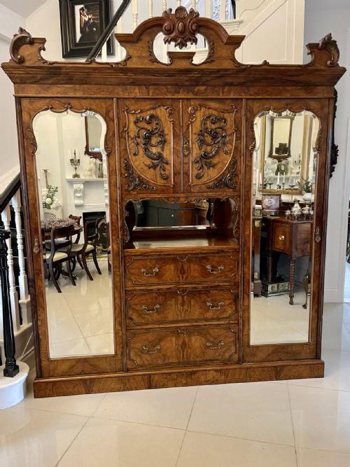 Outstanding Quality Large Antique Victorian Burr Walnut and Olive Wood Carved Wardrobe