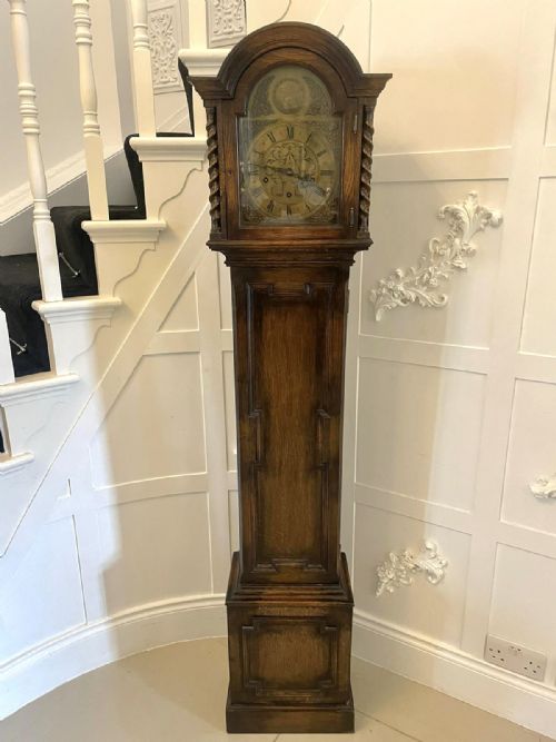 Antique Quality Oak Brass Face Eight Day Chiming Grandmother Clock
