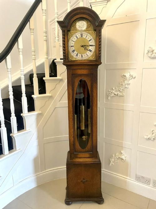 Antique Quality Oak Brass Face Chiming Grandmother Clock