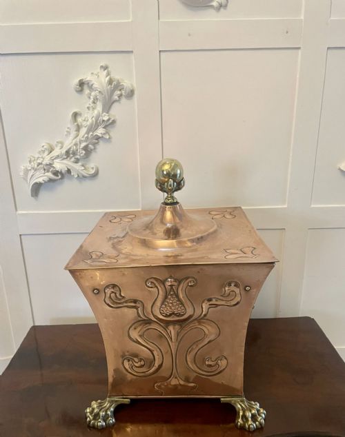 Outstanding Quality Art Nouveau Copper and Brass Coal Box