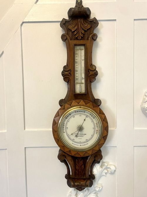 Antique Victorian Quality Carved Oak Aneroid Banjo Barometer