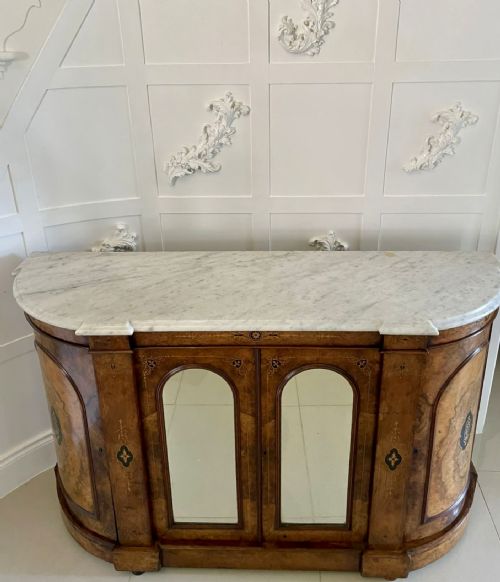 Antique Victorian Quality Burr Walnut Inlaid Marble Top Credenza