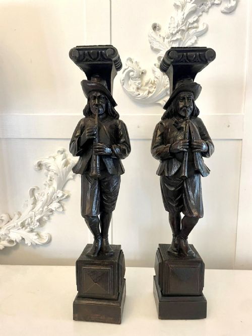 Unusual Pair of Antique Victorian Quality Carved Oak Figures