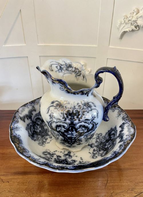 Antique Victorian Quality Blue and White Jug and Bowl Set