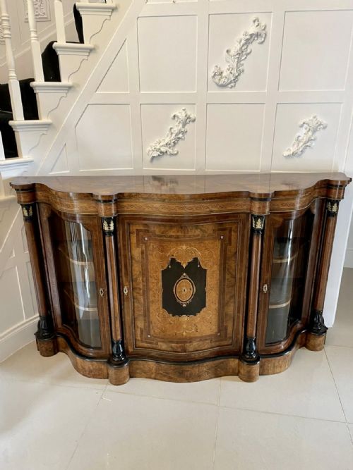 Outstanding Quality Antique Victorian Burr Walnut Marquetry Inlaid Serpentine Shaped Credenza
