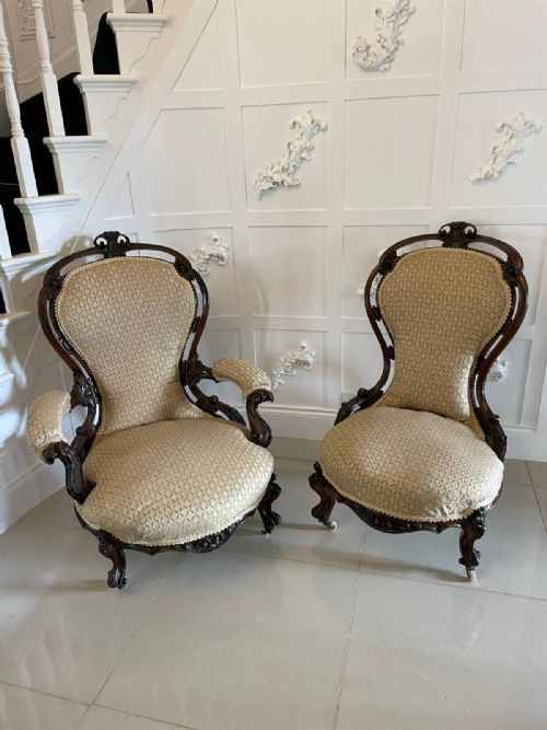 Outstanding Antique Pair of Victorian Carved Walnut Chairs