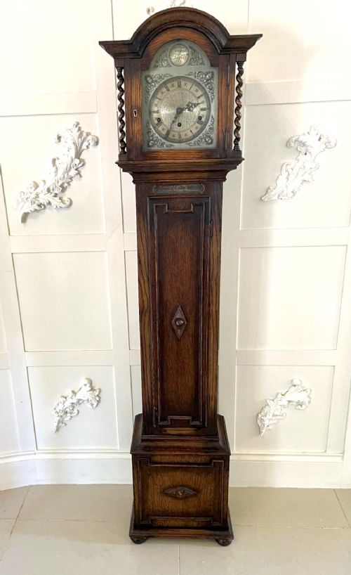 Quality Antique Oak Eight Day Westminster Chime Grandmother Clock