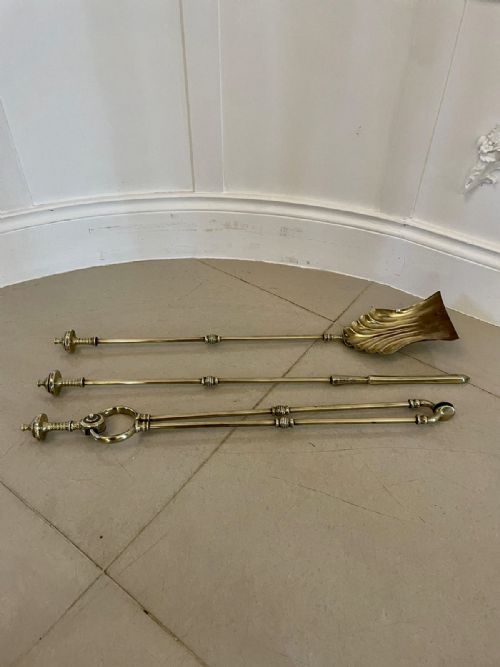 ANTIQUE GEORGE III QUALITY SET OF 3 BRASS FIRE IRONS - ADDITIONAL PHOTO 6