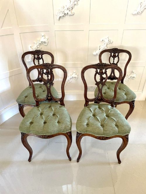 Fine Quality Antique Victorian Set of Four French Carved Walnut Side Chairs