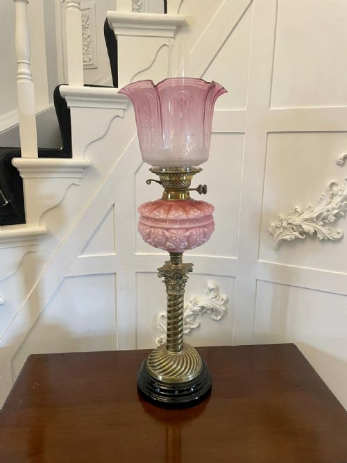 Outstanding Quality Antique Victorian Brass and Pink Glass Oil Lamp