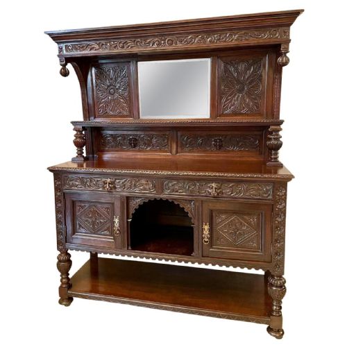 Antique Victorian Quality Carved Oak Mirror Back Sideboard