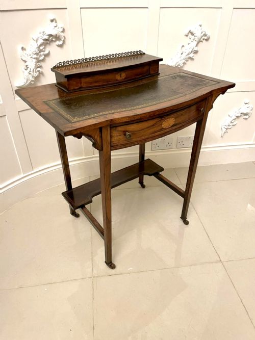 Antique Edwardian Quality Rosewood Inlaid Bow Fronted Writing Table