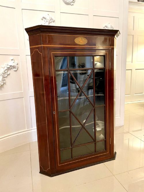 Antique George III Inlaid Mahogany Straight Front Hanging Corner Cupboard