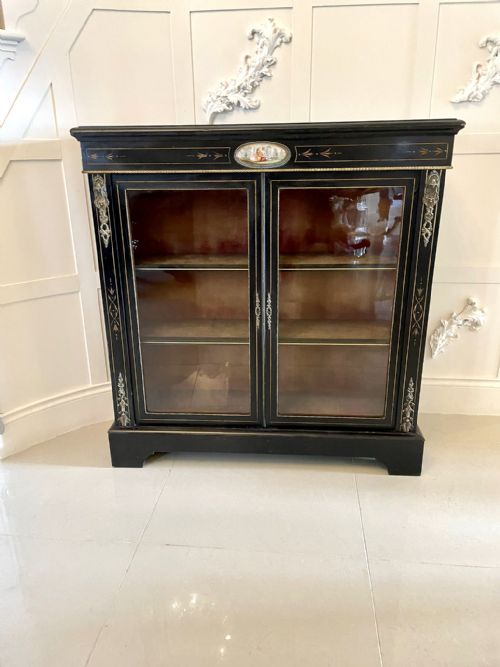 Antique Victorian French Ornate Ormolu Mounts Ebonised Display Cabinet