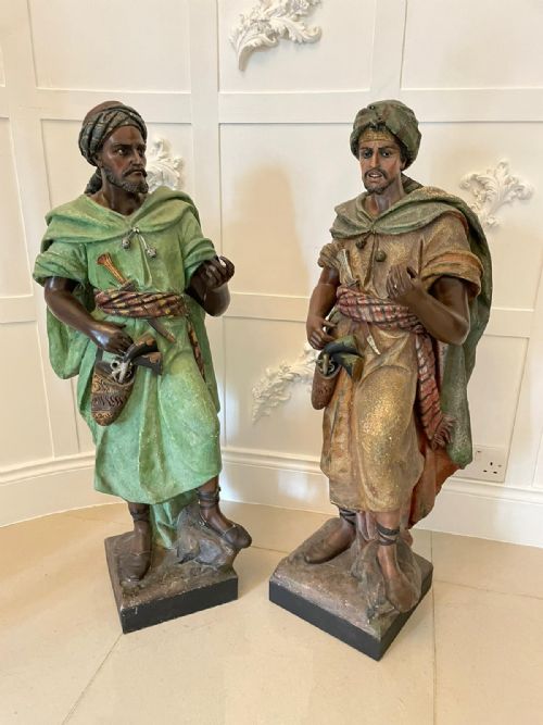 Spectacular Pair of Large Antique Quality Orientalist Polychromed Plaster Arabesque or Moorish Figures