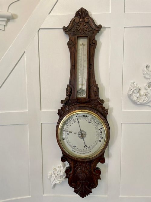 Antique Edwardian Quality Carved Oak Banjo Barometer