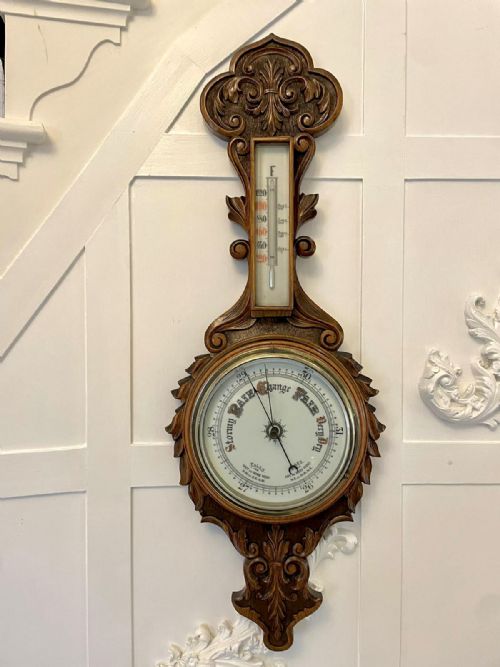 Antique Victorian Quality Carved Oak Banjo Barometer