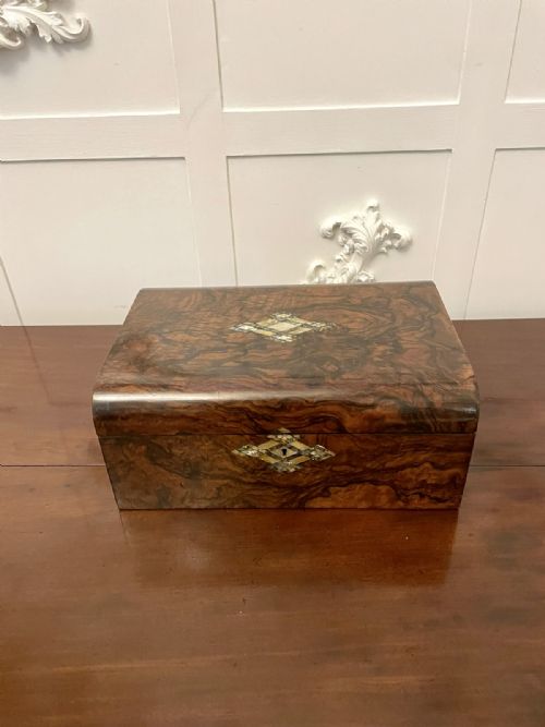 Antique Victorian Quality Burr Walnut and Inlaid Mother of Pearl Writing Box