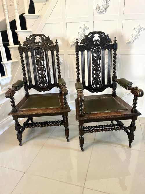 Large Pair of Antique Victorian Quality Carved Oak Throne Armchairs