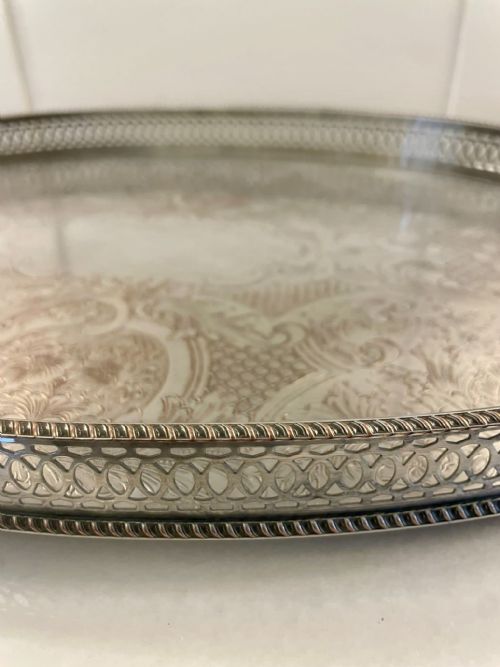 ANTIQUE EDWARDIAN QUALITY SILVER PLATED ENGRAVED TEA TRAY - ADDITIONAL PHOTO 3