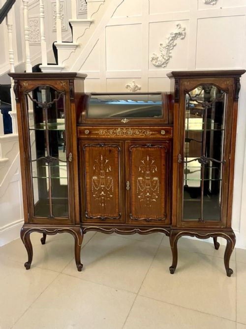 Unusual Large Antique Victorian Quality Mahogany Inlaid Display Cabinet