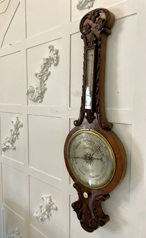 QUALITY ANTIQUE VICTORIAN BURR WALNUT CARVED BANJO BAROMETER - ADDITIONAL PHOTO 5