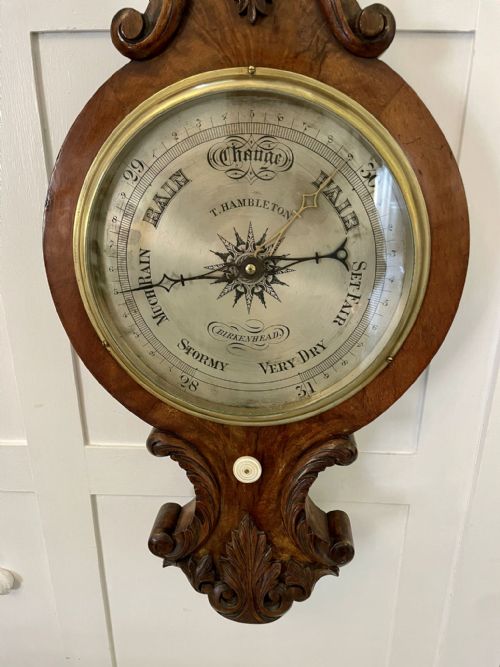 QUALITY ANTIQUE VICTORIAN BURR WALNUT CARVED BANJO BAROMETER - ADDITIONAL PHOTO 10