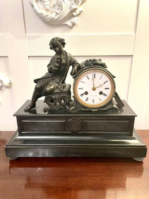 Antique Victorian French Quality Bronze and Marble Eight Day Mantle Clock by  P L Hausburg Paris