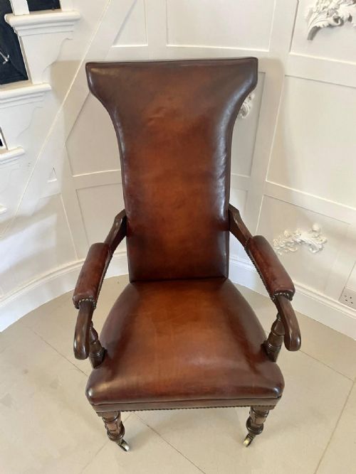 UNUSUAL ANTIQUE QUALITY WILLIAM IV LEATHER AND MAHOGANY LIBRARY CHAIR - ADDITIONAL PHOTO 1
