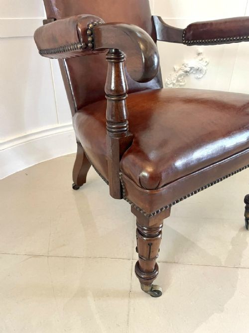UNUSUAL ANTIQUE QUALITY WILLIAM IV LEATHER AND MAHOGANY LIBRARY CHAIR - ADDITIONAL PHOTO 4