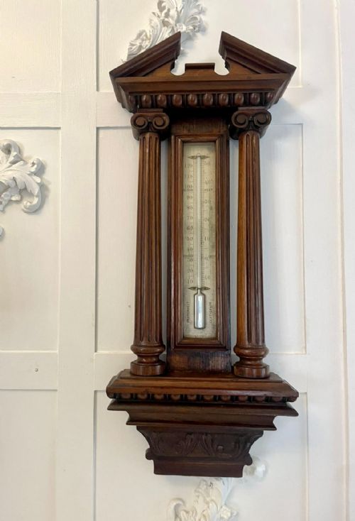 Large Antique Victorian Carved Oak Thermometer