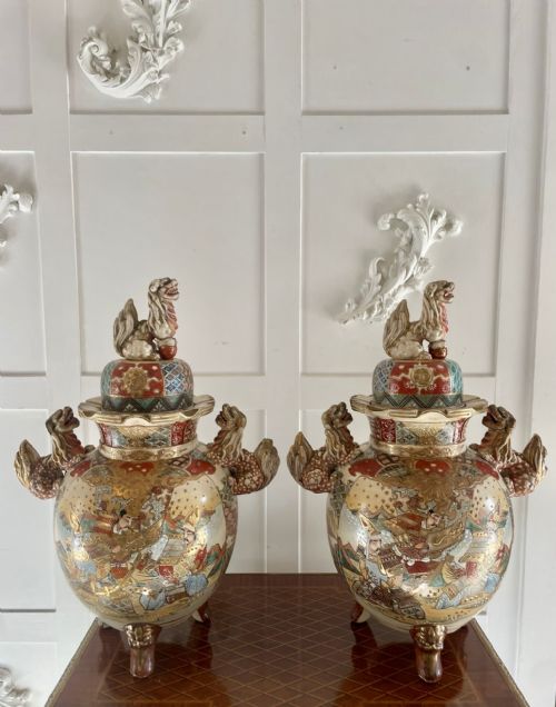 Pair of Large Antique Japanese Quality Satsuma Lidded Vases