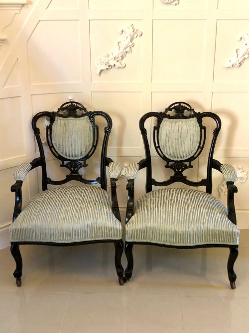 Pair of Victorian Carved Black Lacquered Library Chairs