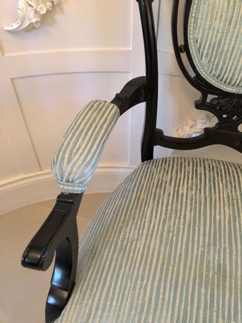 PAIR OF VICTORIAN CARVED BLACK LACQUERED LIBRARY CHAIRS - ADDITIONAL PHOTO 5