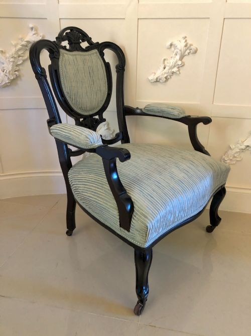 PAIR OF VICTORIAN CARVED BLACK LACQUERED LIBRARY CHAIRS - ADDITIONAL PHOTO 12