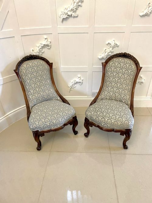 Quality Pair of 19th Century Victorian Antique Carved Walnut Ladies Chairs