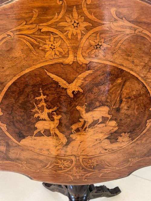 UNUSUAL ANTIQUE VICTORIAN QUALITY MARQUETRY INLAID WALNUT SWISS BLACK FOREST TABLE - ADDITIONAL PHOTO 3