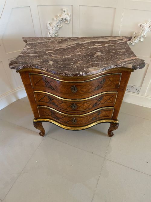ANTIQUE 18TH CENTURY QUALITY PARQUETRY INLAID SERPENTINE SHAPED MARBLE TOP COMMODE CHEST - ADDITIONAL PHOTO 3