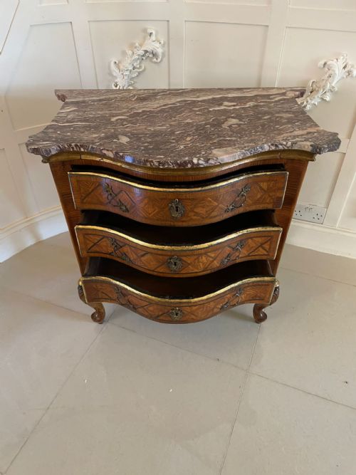 ANTIQUE 18TH CENTURY QUALITY PARQUETRY INLAID SERPENTINE SHAPED MARBLE TOP COMMODE CHEST - ADDITIONAL PHOTO 8
