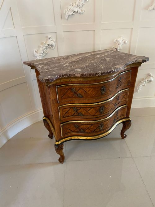 ANTIQUE 18TH CENTURY QUALITY PARQUETRY INLAID SERPENTINE SHAPED MARBLE TOP COMMODE CHEST - ADDITIONAL PHOTO 9