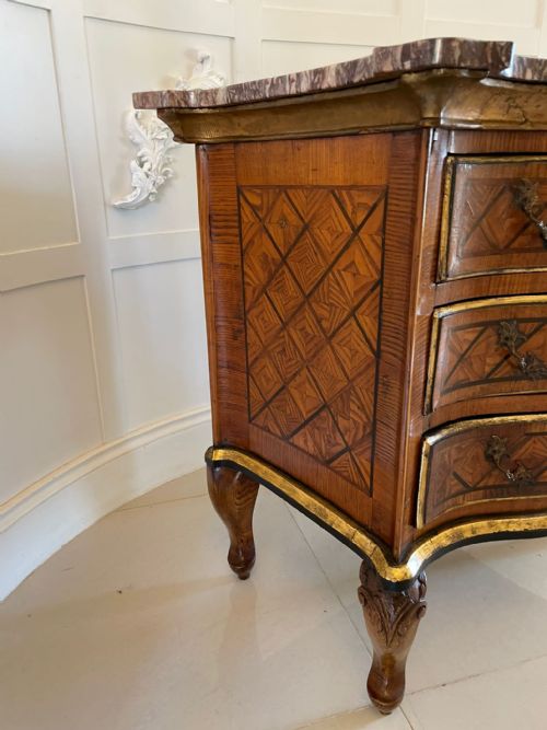 ANTIQUE 18TH CENTURY QUALITY PARQUETRY INLAID SERPENTINE SHAPED MARBLE TOP COMMODE CHEST - ADDITIONAL PHOTO 11