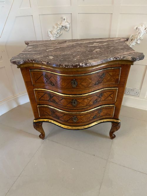 ANTIQUE 18TH CENTURY QUALITY PARQUETRY INLAID SERPENTINE SHAPED MARBLE TOP COMMODE CHEST - ADDITIONAL PHOTO 12