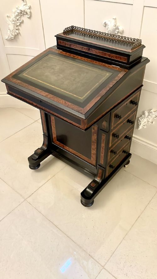 Antique Victorian Quality Ebonised and Walnut Crossbanded Davenport